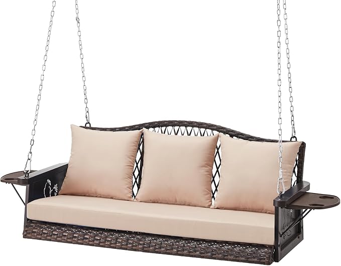 Upgraded Wicker Hanging Porch Swing Heavy Duty 900lbs 3-Seat Outdoor Patio by zzw