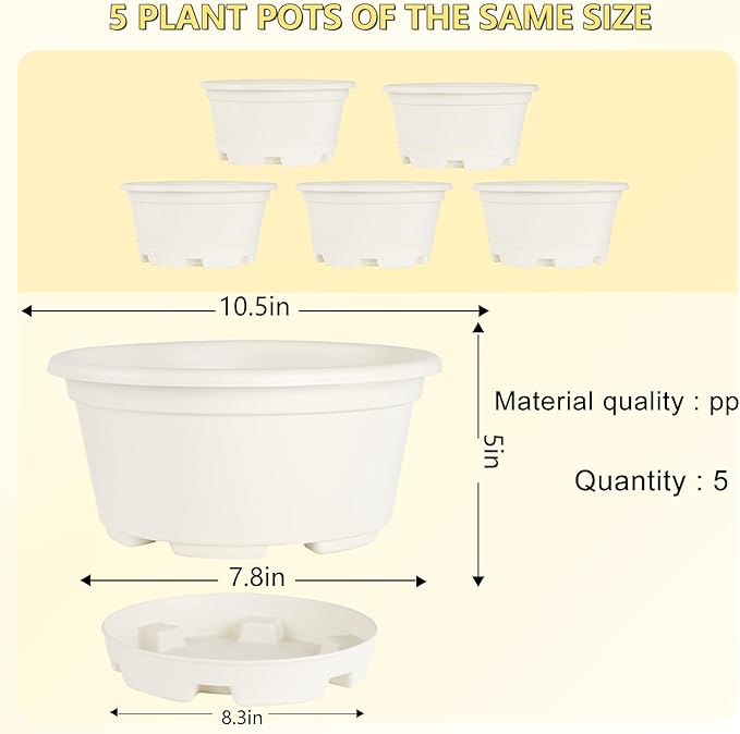 5 Pack 10.5 inch Plant Pots, Planter-Pots-for-Plants，Plastic Flower Pot - Image 3