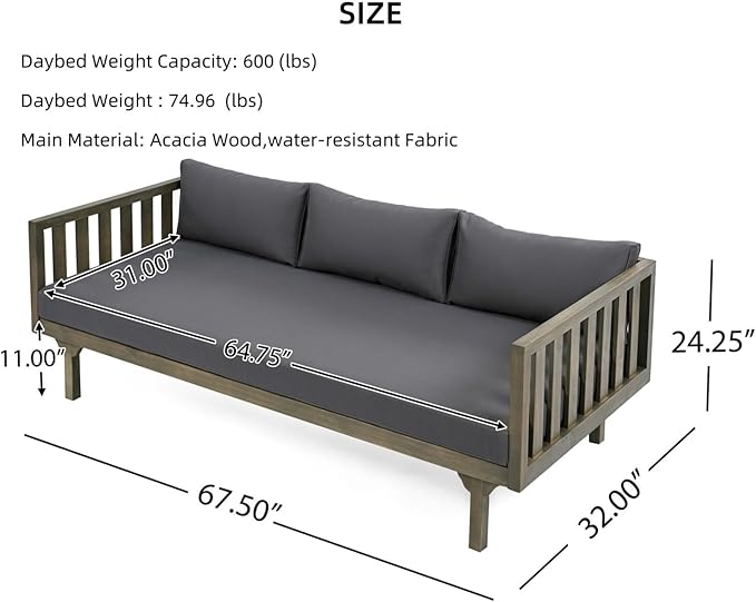 Merax Solid Acacia Wood Couch Chaise Lounge Chair Indoor, 3 Seater Daybed Sofa - Image 2
