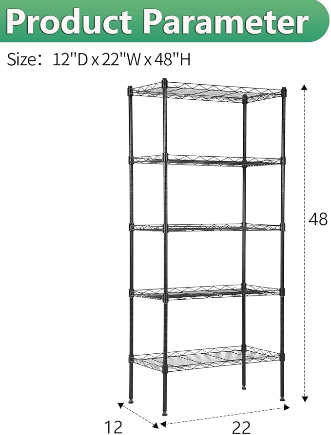 BestOffice | 5-Tier Wire Storage Shelves | 22x12x48 | Black | - Image 3