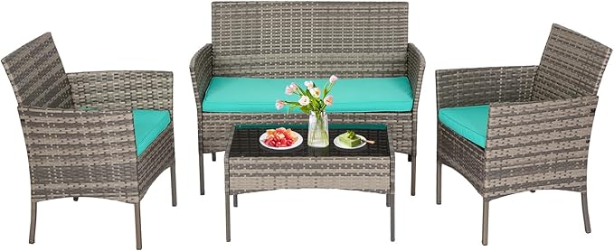 FDW | 4-Piece Patio Furniture Set | Gray & Blue | Outdoor Wicker Furniture by FDW