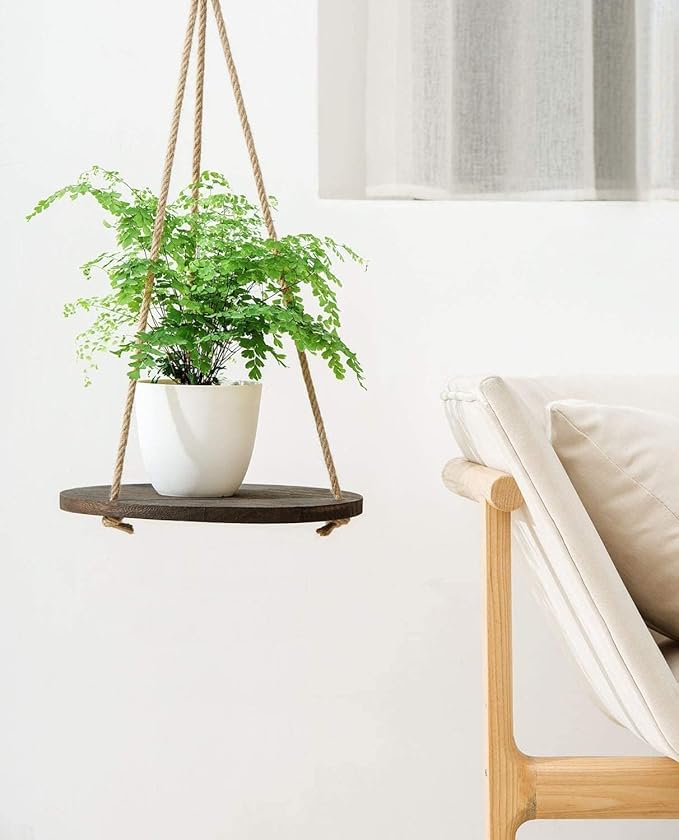 Dahey Hanging Plant Shelf Round Wood Rope Hanging Floating Shelf Vintage Home - Image 5