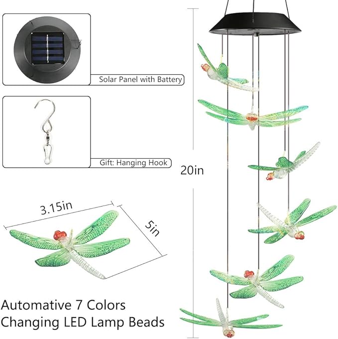 Toodour Solar Wind Chimes Outdoor, Color Changing Solar Lights Dragonfly - Image 6