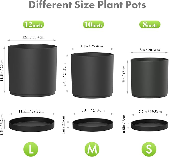 12/10/8 inch Large Deep Plant Pots, 3 Pack Tall Cylinder Flower Pots - Image 2