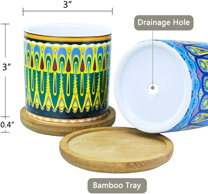 Mandala Succulent Pot with Drainage Hole & Bamboo Coaster, Small Plant Pots - Image 2
