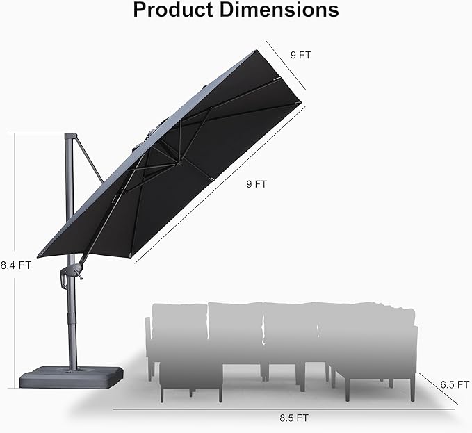 PURPLE LEAF Patio Umbrella 9' X 9' Rectangle Cantilever Umbrella Large Aluminum - Image 9