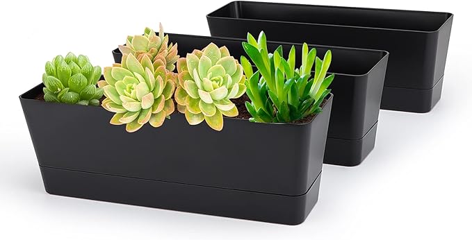 GREANER Black Rectangle Window Boxes, 3 Pack 12x3.8 Inch Herb Planters by GREANER
