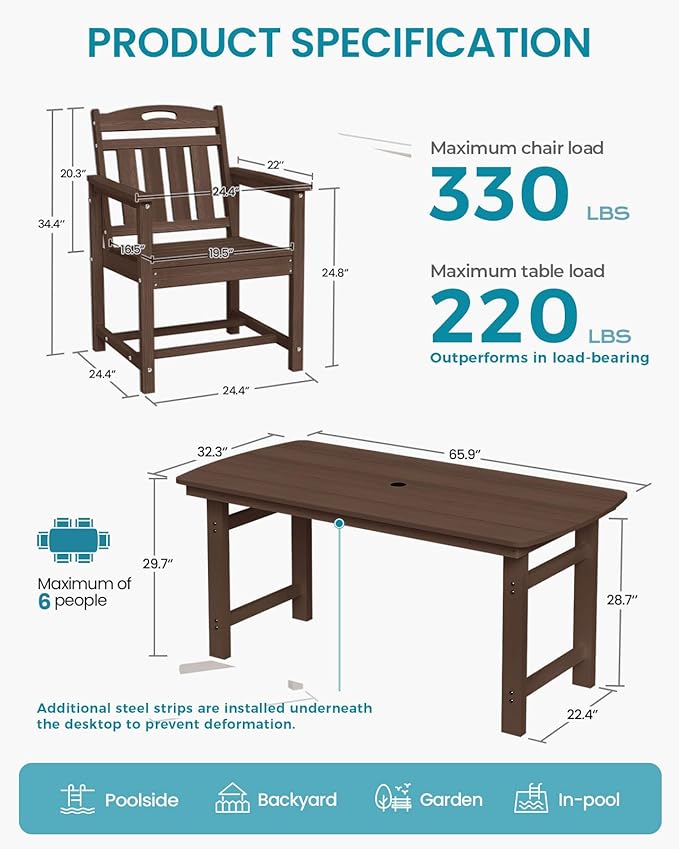 Ciokea HDPE Outdoor Dining Set, 7-Piece Patio Table and Chairs Set - Image 2