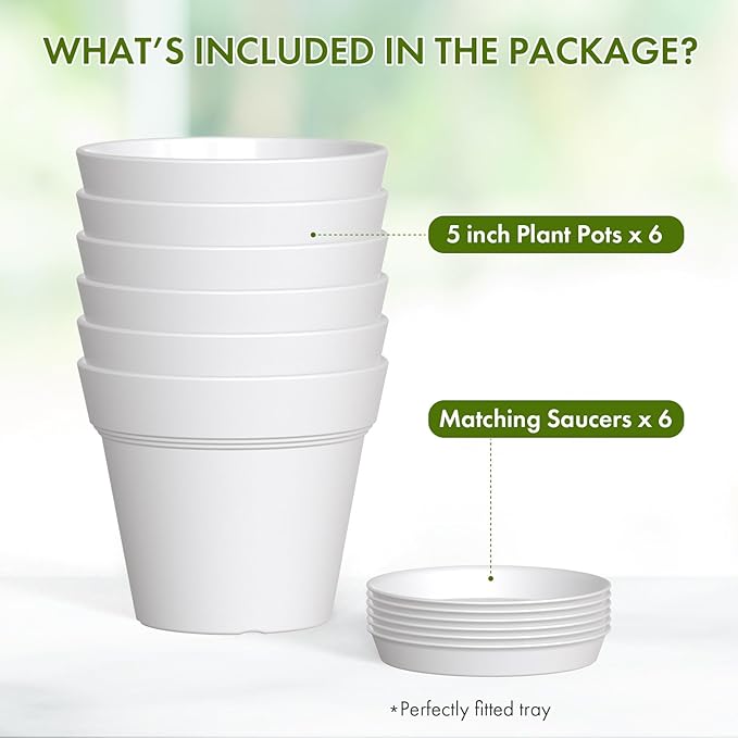 5 Inch Plastic Plant Pots with Drainage Holes and Trays – 6 Pack Small Nursery - Image 5
