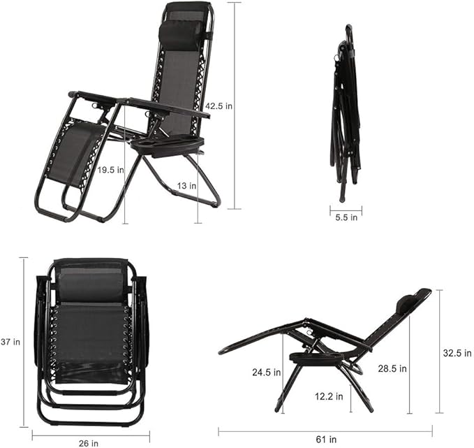 FDW Zero Gravity Chairs Set of 2 Black Lounge Patio Chairs Outdoor Yard Beach - Image 3