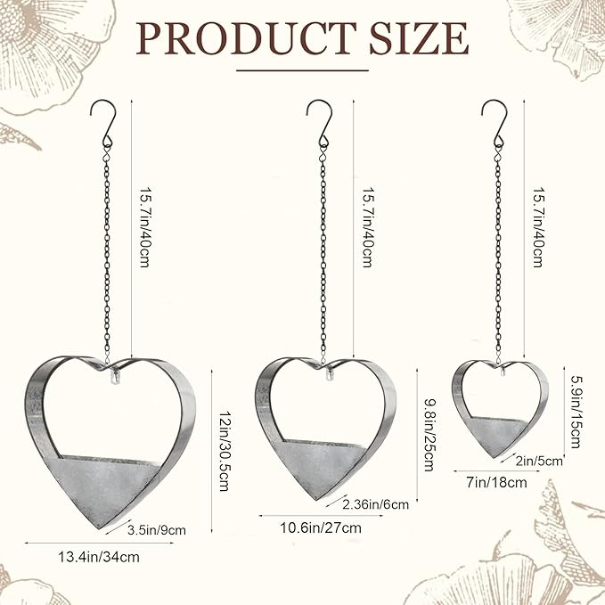 3 Pcs 3 Size Heart Metal Hanging Planter Indoor Outdoor, 13.4" 10.6" 7" Large - Image 2