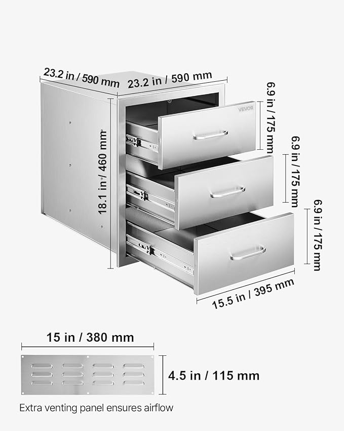 VEVOR Outdoor Kitchen Drawers 18.11" W x 23.23" D x 23.23" H, Triple-Access - Image 3
