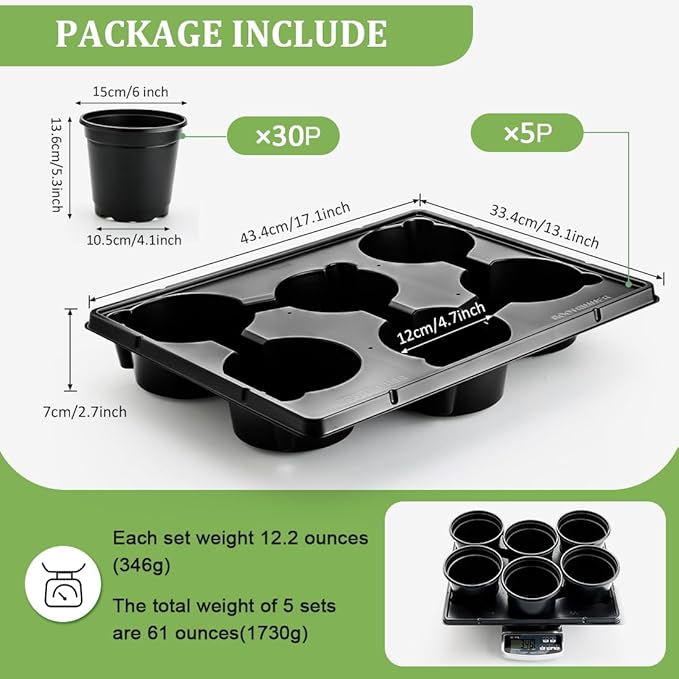 6 Inch Plastic Plant Pots 30 Pack and 6 Cell Nursery Pots Trays 5 Pack - Image 2