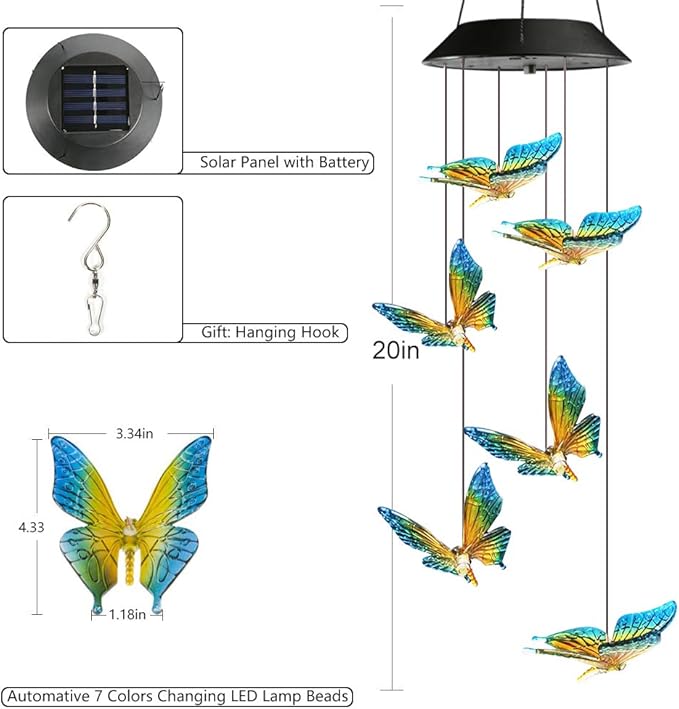 Toodour Solar Wind Chime, Color Changing Wind Chimes Butterfly, LED Decorative - Image 2