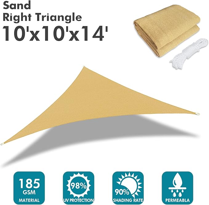 KANAGAWA Sun Shade Sail 10'x10'x14' Sand Triangle UV Block Canopy Awning - Image 2