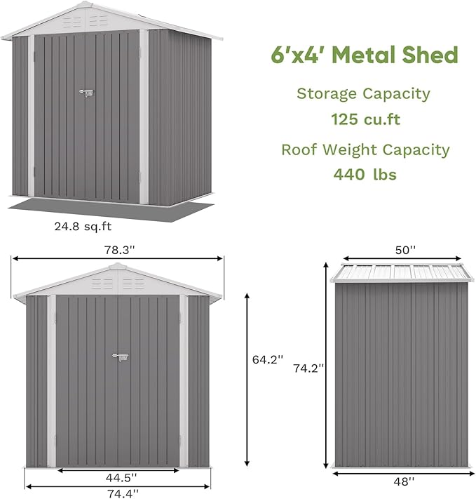 Patiowell 6x4 FT Outdoor Storage Shed, Water-Resistance Metal Outdoor Sheds - Image 7