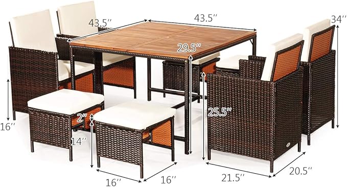 Tangkula 9 Pieces Patio Acacia Wood Table and Chairs Set - Image 6