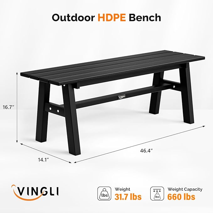 VINGLI 47” Outdoor HDPE Bench, Weatherproof Garden Bench w/Metal Legs, Poly - Image 3