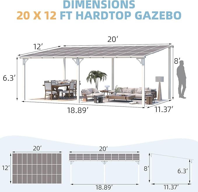 AECOJOY 20' x 12' White Gazebo Pergola, 12x20 Large Wall Mounted Lean to - Image 7
