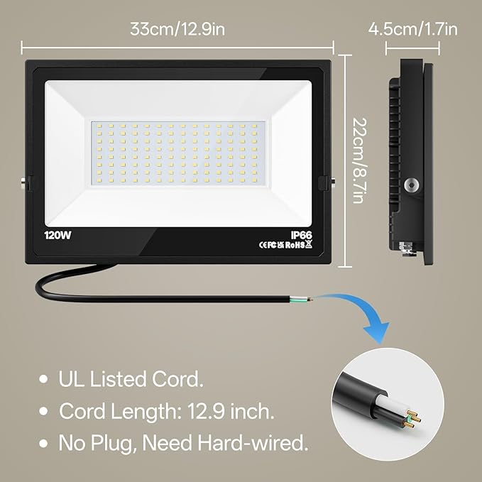 USTELLAR 120W LED Flood Lights Outdoor Hardwired 2Pack Bright 120W Equiv. - Image 5