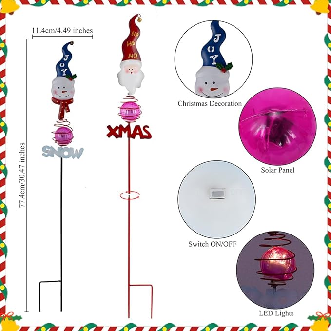 Christmas Solar Garden Stake Lights, 2 Pack Snowman＆Santa Claus Xmas Pathways - Image 3