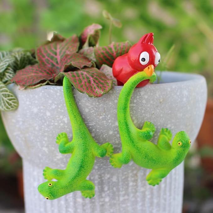 Set of 2 Funny Bird Catching Gecko Figurines Flower Pot and Vase Hugger - Image 9