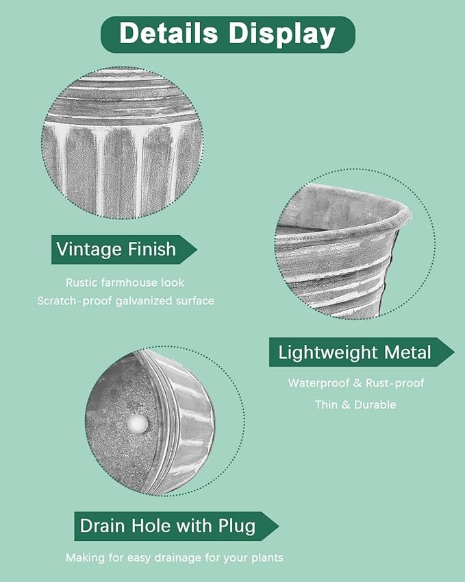 vensovo 10 Inches Silver Metal Rustic Plant Pots - Image 3