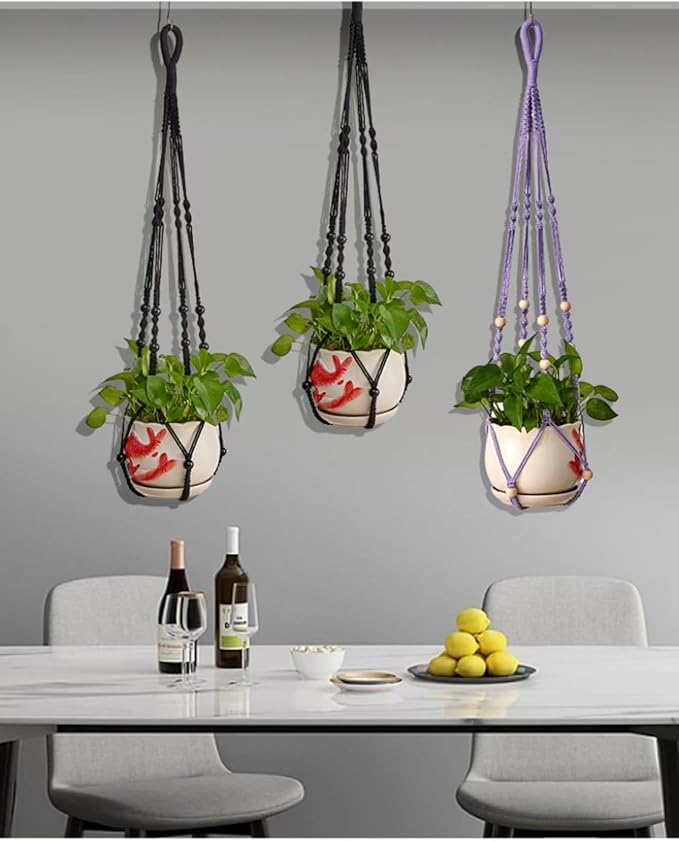 3 ft Macrame Plant Hanger Indoor Handmade Large Long Wall Window Black Hanging - Image 3