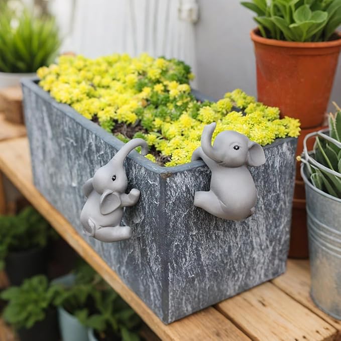 Set of 2 Cute Climbing Elephant Statues Flower Pot Hugger, Resin Hanging - Image 7