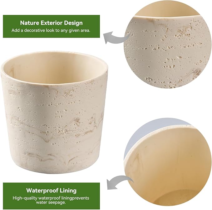 Ekirlin 7 Inch Natural Travertine Textures Plant Pot, Resin Outdoor Planter - Image 6
