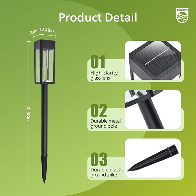 Philips 8 Packs Solar Pathway Lights Outdoor, Glass Metal Led Garden Landscape - Image 4