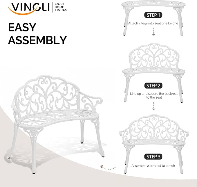 VINGLI 38.5" Patio Park Garden Outdoor Metal Rose Bench, 2-Person Cast Iron - Image 7