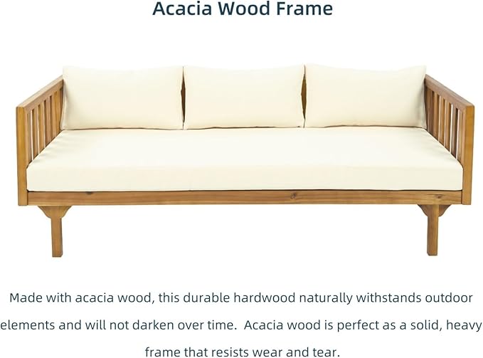 Merax Solid Acacia Wood Couch Chaise Lounge Chair Indoor, 3 Seater Daybed Sofa - Image 6