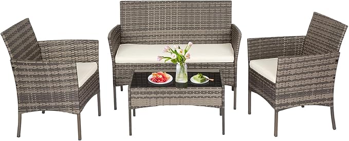 FDW | 4-Piece Patio Furniture Set | Gray & Khakhi | Outdoor Wicker Furniture by FDW