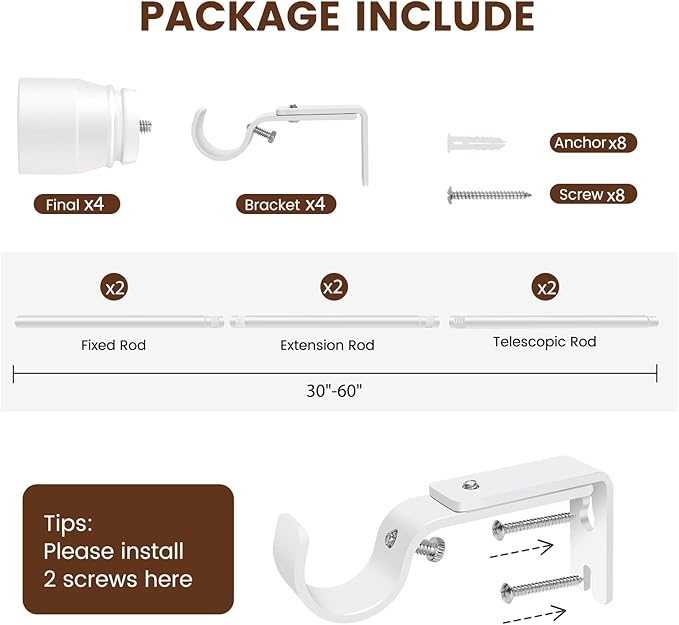 1” Diameter Curtain Rods Itself is 30 to 60 inch 2 Pack Fit 30-54 inch Window - Image 3