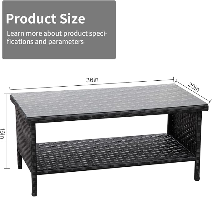 Outdoor Wicker Coffee Table Patio Furniture Garden Rattan 2-Layer Glass Table - Image 3
