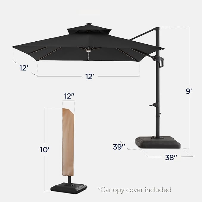 Best Choice Products 12x12ft LED Cantilever Patio Umbrella w/Base Included & - Image 2