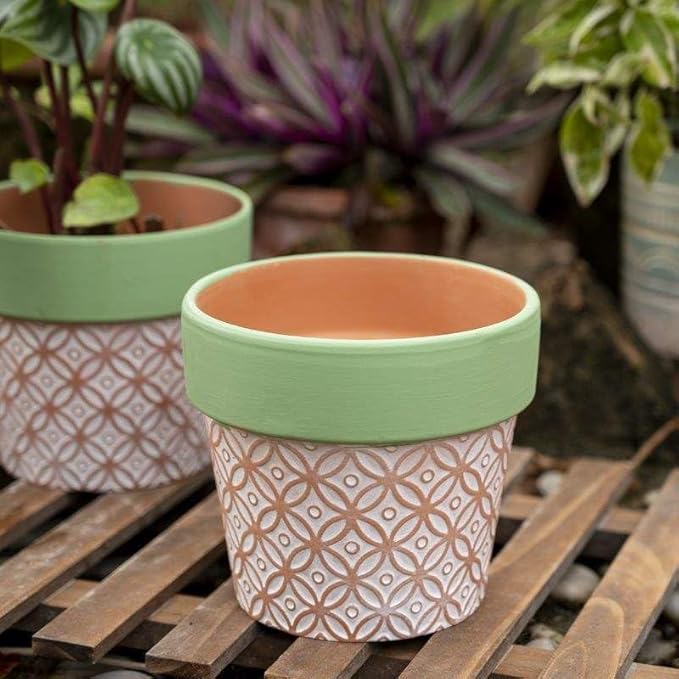 Terracotta Plant Pots Set of 2-4.7 Inch Vintage Pattern Clay Flowerpots - Image 6