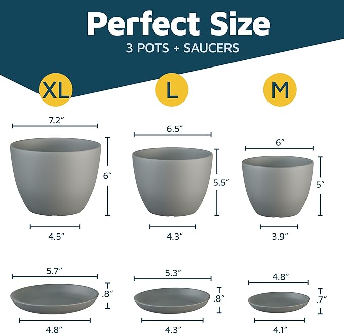 Gray Plant Pots with Drainage Holes & Saucers 3 Pack, Indoor & Outdoor - Image 2