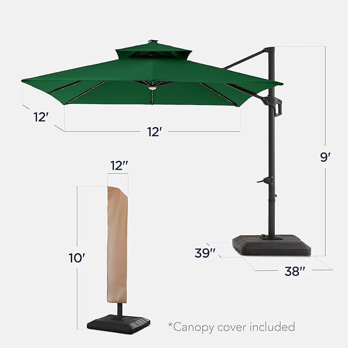 Best Choice Products 12x12ft LED Cantilever Patio Umbrella w/Base Included & - Image 2