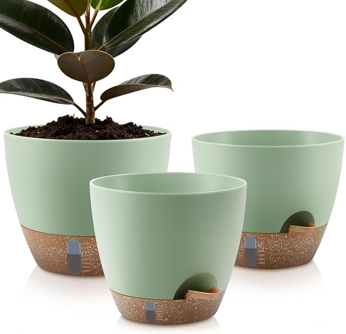 Self-Watering Plant Pots with Water Level Indicator, Drainage Holes & Saucers – by QRRICA