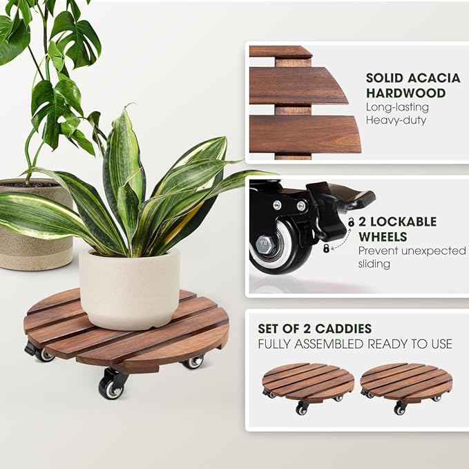 Idzo 2-Pack 14 Inch Acacia Wood Plant Caddy - Image 2