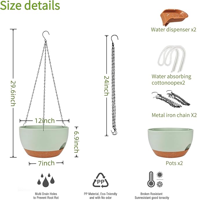2 Pack Hanging Planters for Indoor Outdoor Plants, 12 Inch Self Watering - Image 3