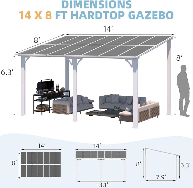 AECOJOY 14' x 8' White Gazebo Outdoor Pergola - Image 5