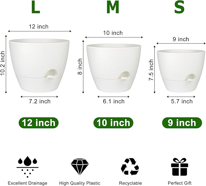 Plant Pots 12/10/9 Inch Self Watering Pots, Plastic Flower Pots, Nursery - Image 3
