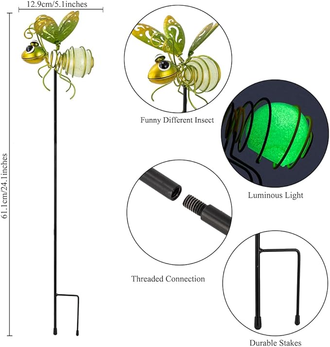 Garden Decor for Outside, Glow in The Dark Bee Lights Metal Yard Art, - Image 3