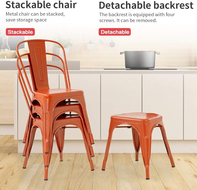 FDW | Set of 4 Metal Dining Chairs | Orange | Stackable Tolix Side Chairs - Image 8
