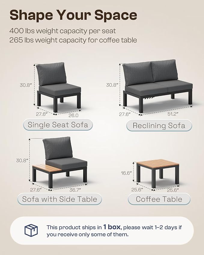 Aluminum Outdoor Patio Sofa Set, 2 Seats Modular Sectional Reclining Loveseat - Image 8