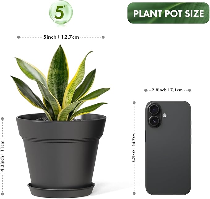 5 Inch Plastic Plant Pots with Drainage Holes and Trays – 6 Pack Small Nursery - Image 3