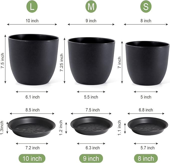 10/9/8 inch Medium Plant Pots, 3 Pack Modern Decorative Plastic Planters - Image 3